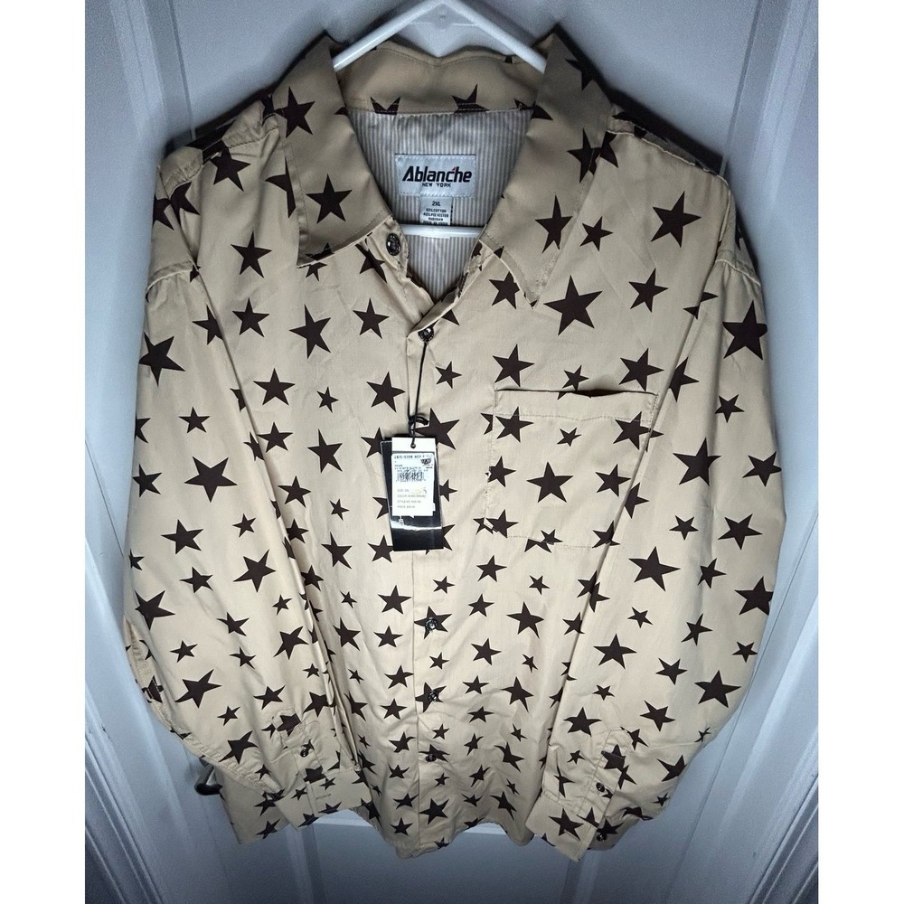 Vintage Y2k Western Stars AOP Tan Brown Long Sleeve Button Up Mens Shirt NWT